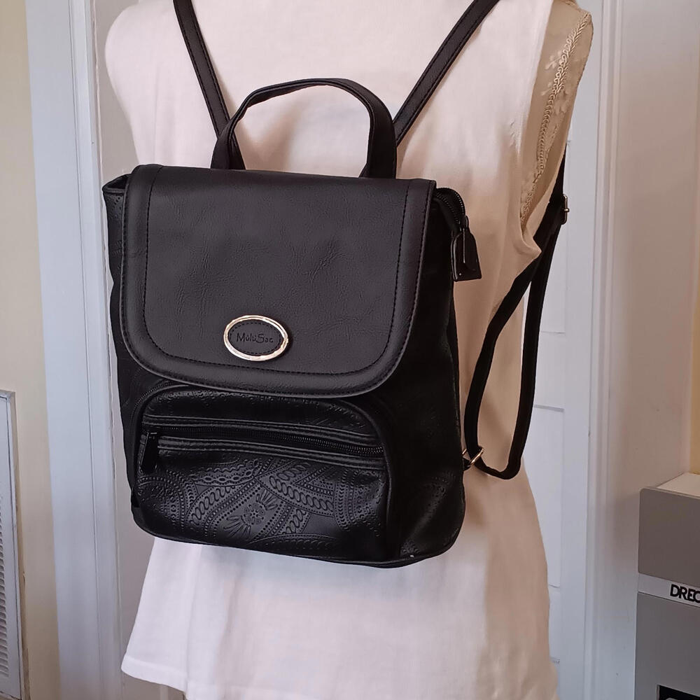 Multi Sac Black Convertible Backpack Organizer Bag Vegan Leather Lightweight EUC